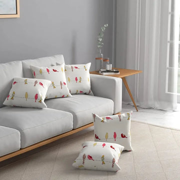 Urban Space Decorative Cotton Cushion Cover Set of 5 Cushion Covers for Sofa, Bedroom, Living Room Humming Bird Red