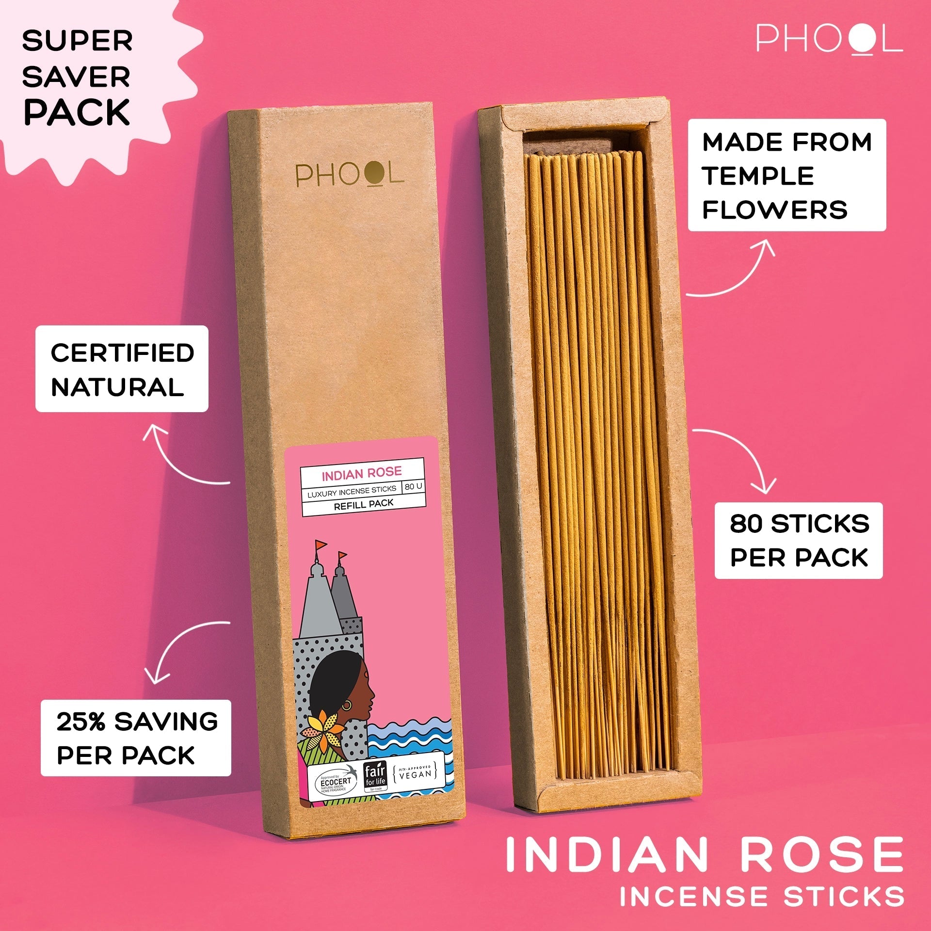 Phool Natural Incense Sticks Refill Pack Indian Rose - 80 Sticks