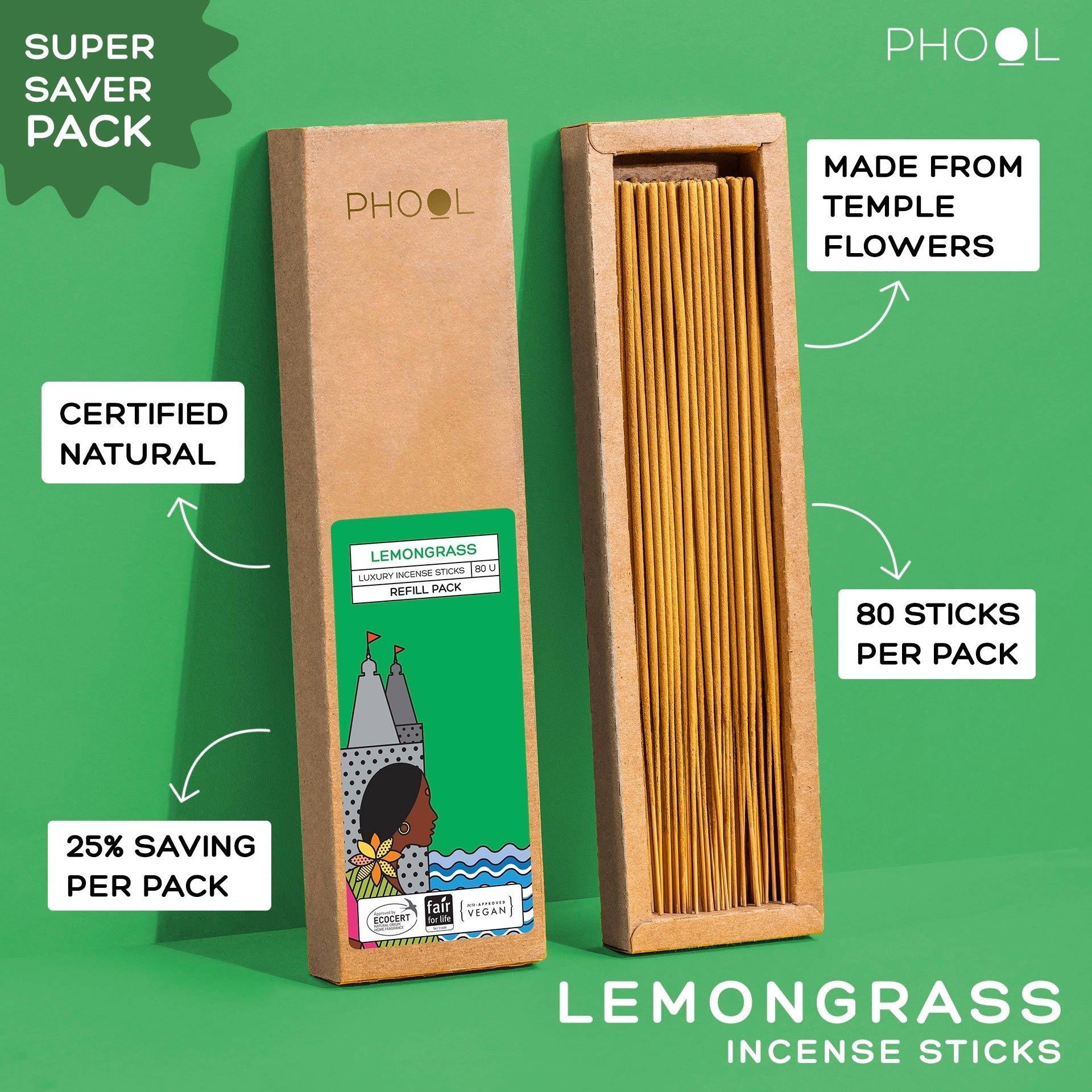 Phool Natural Incense Sticks Refill Pack Lemongrass -  80 Sticks
