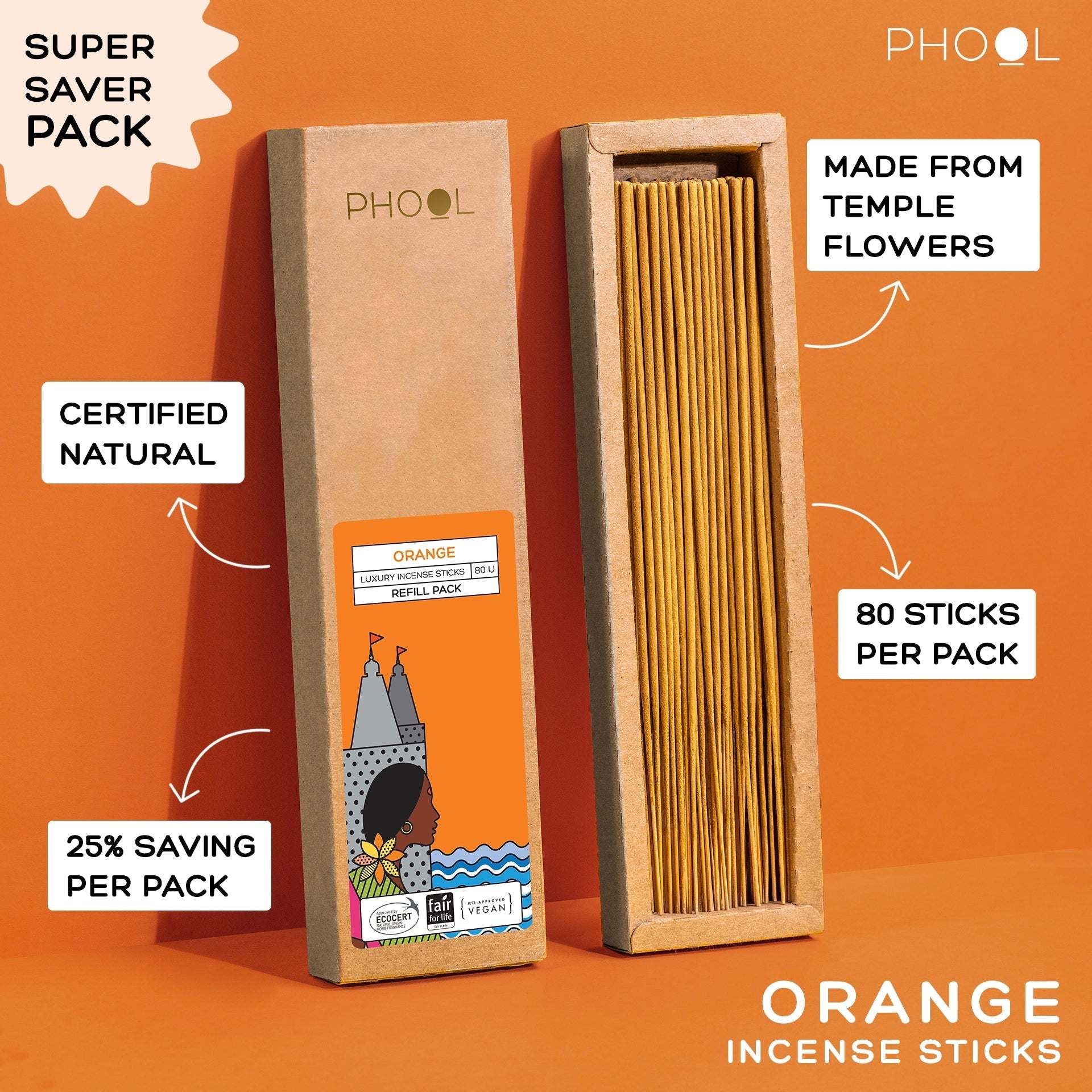 Phool Natural Incense Sticks Refill Pack Orange - 80 Sticks