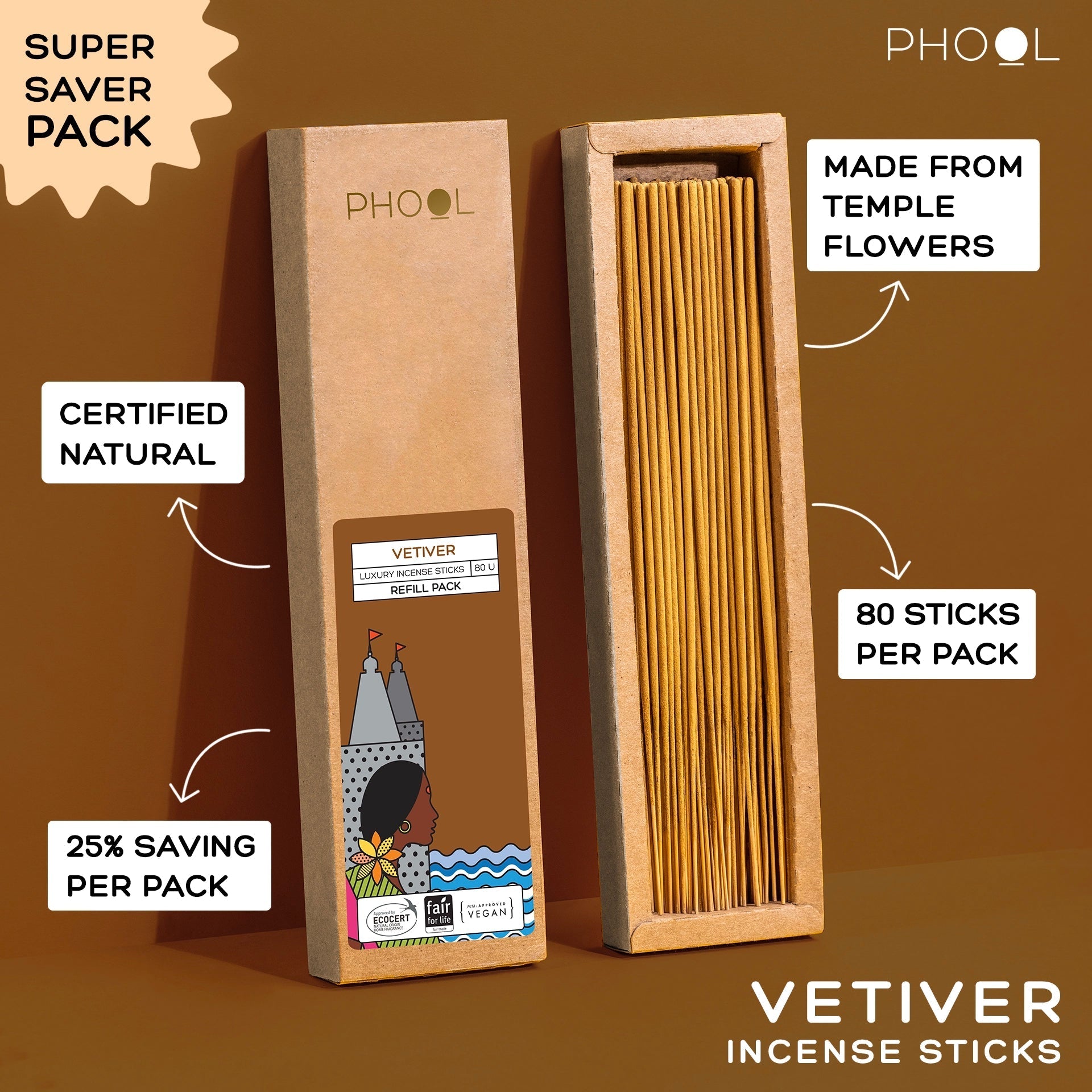 Phool Natural Incense Sticks Refill Pack Vetiver - 80 Sticks