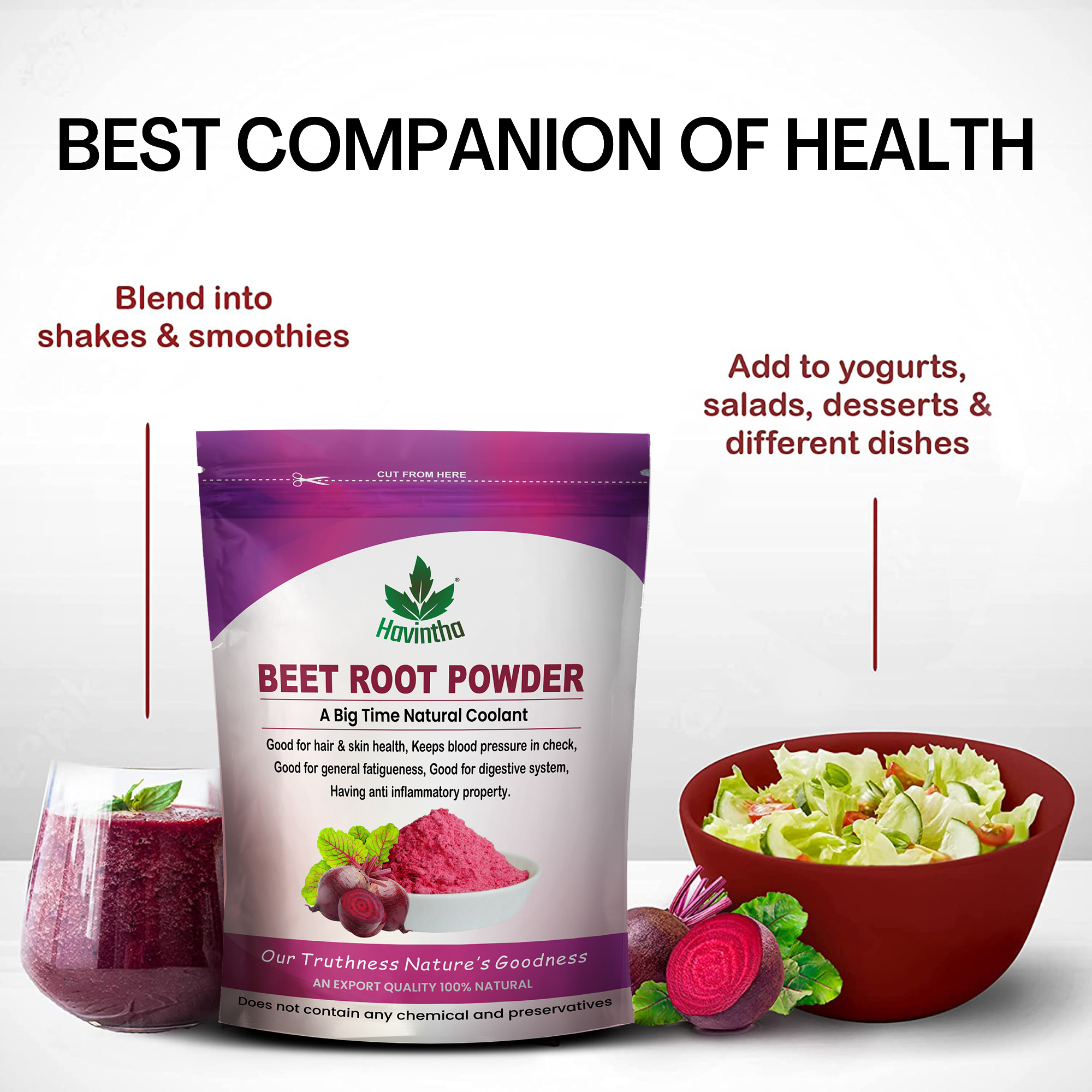 Havintha Natural Beet Root Powder For Improves Heart Health and Blood Pressure - 227 gms