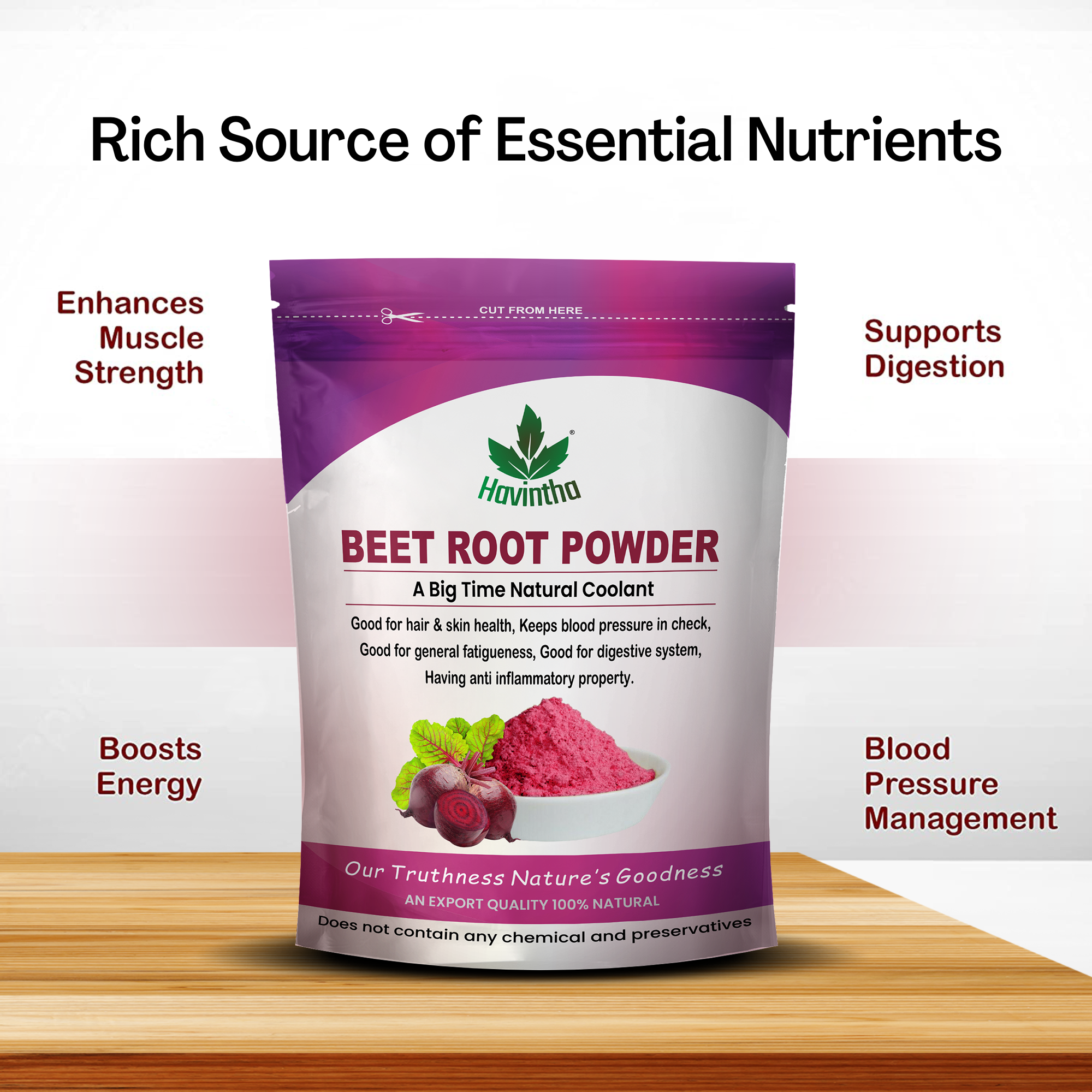 Havintha Natural Beet Root Powder For Improves Heart Health and Blood Pressure - 227 gms