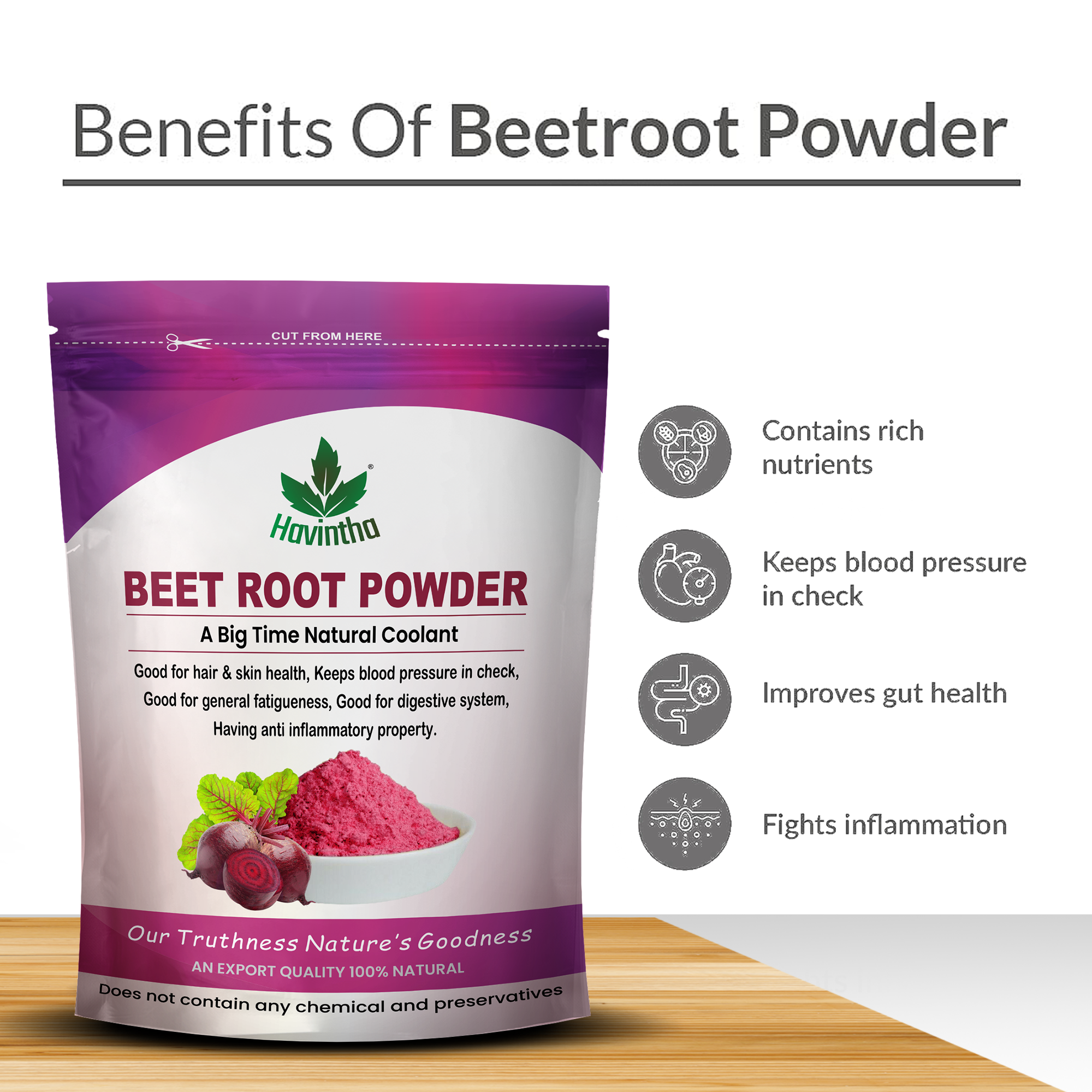 Havintha Natural Beet Root Powder For Improves Heart Health and Blood Pressure - 227 gms