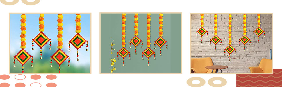 Handmade Artificial Marigold Fluffy Flowers Colorful Woolen Kite Bells Hangings 39 Inches Pack of 6