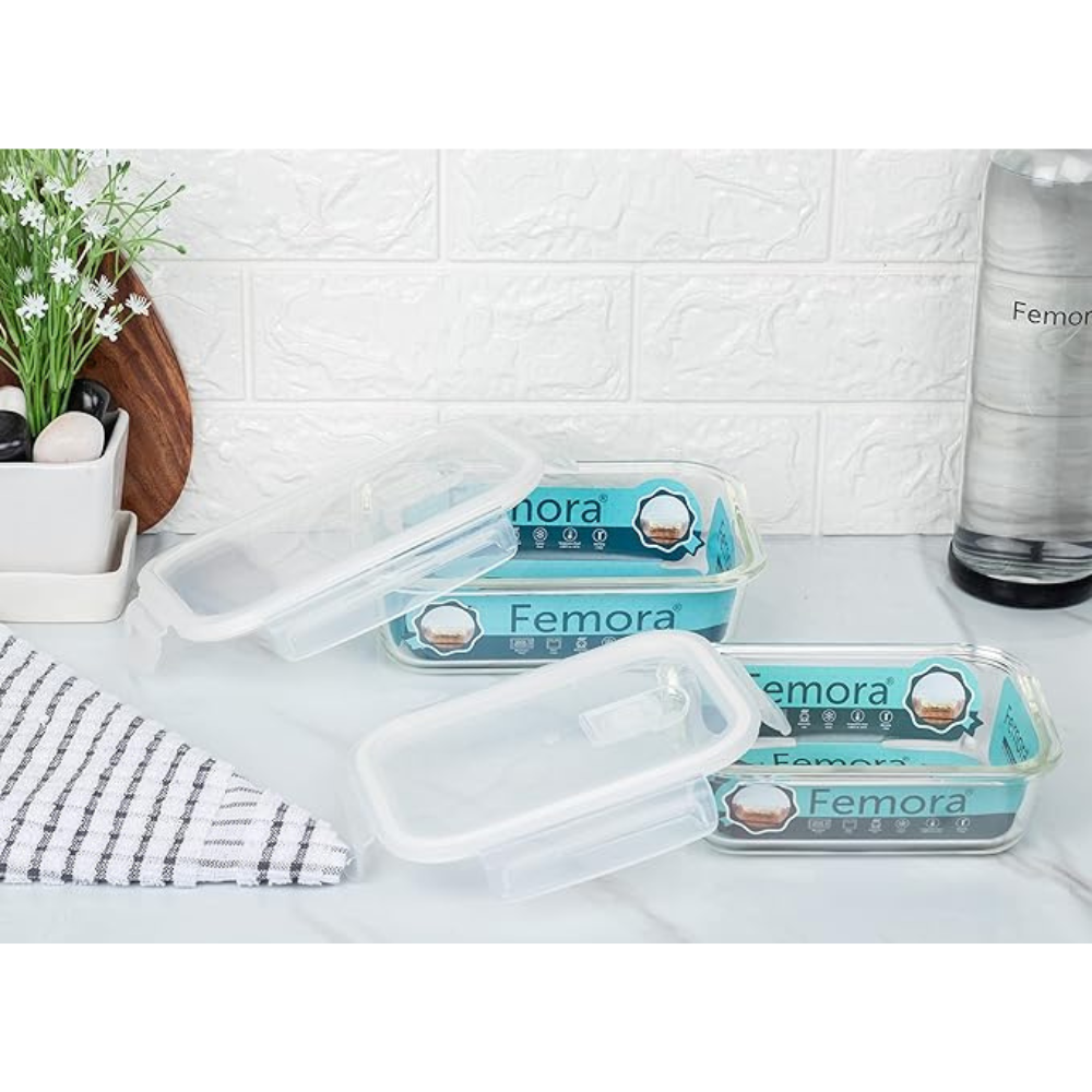Femora Borosilicate Glass Containers for Kitchen | Storage Box for Kitchen With Air Vent Lid | Set of 2 | 1000ml, 400 Ml