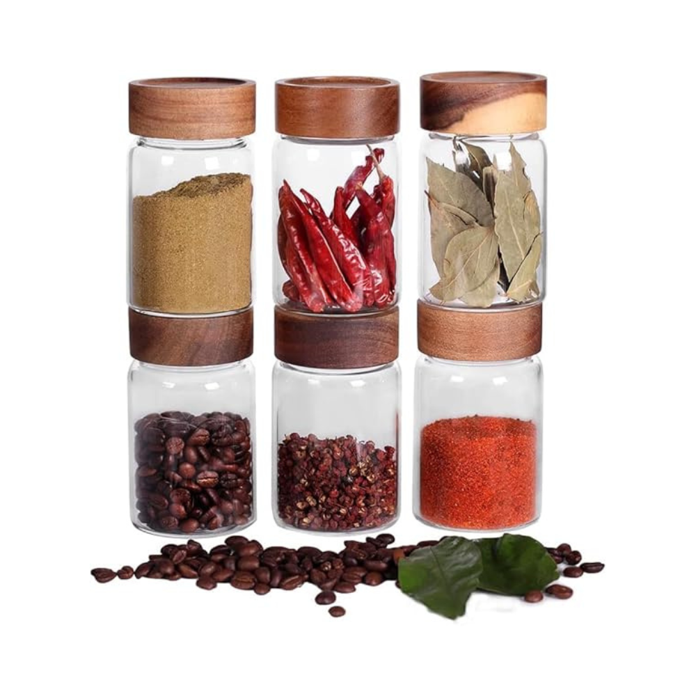 Femora Kitchen Storage Jars Borosilicate Glass With Wooden Lid Air Tight Jar | 750 Ml | Pack of 6 | Transparent