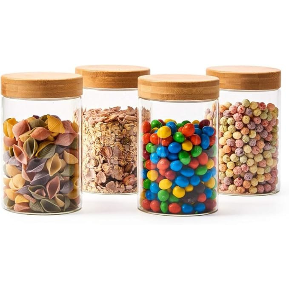 Femora Kitchen Storage Jars Borosilicate Glass With Wooden Lid Air Tight Jar | 750 Ml | Pack of 4 | Transparent