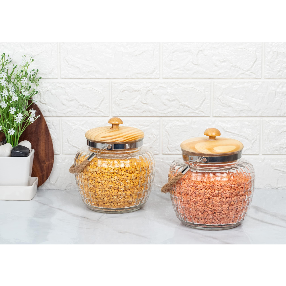 Femora Kitchen Storage Jars Embossed Glass Jar With Wooden Lid & Jute Chain Air Tight Jar | 1500 Ml | Pack of 2