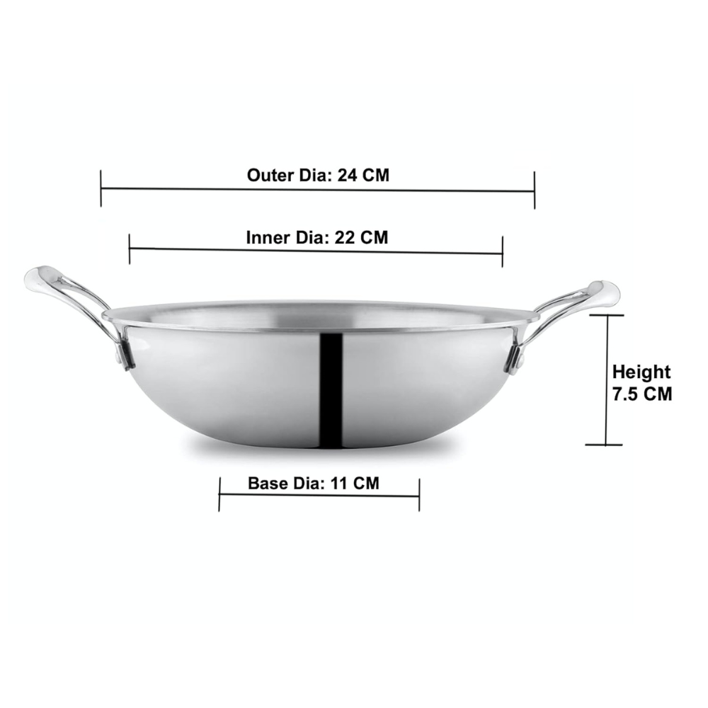 Attil Triply Stainless Steel Kadai With Induction Base Heavy Duty Kadhai for Kitchen | Kadai, 22cm - 2 Litres
