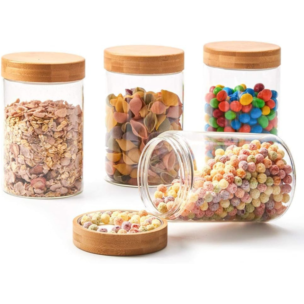 Femora Kitchen Storage Jars Borosilicate Glass With Wooden Lid Air Tight Jar | 350 Ml | Pack of 4 | Transparent