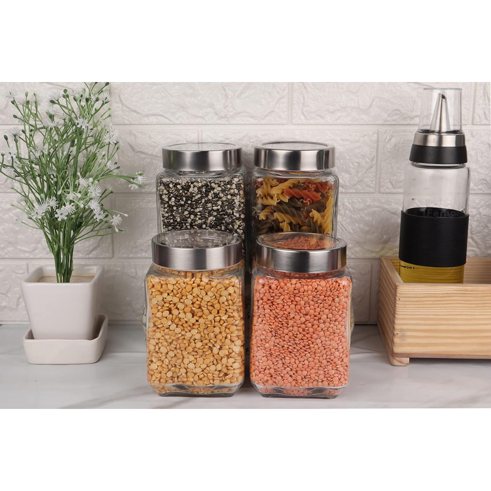 Femora Kitchen Storage Jars Transperent Glass With Steel Lid Air Tight Jar | 1550 Ml | Pack of 4