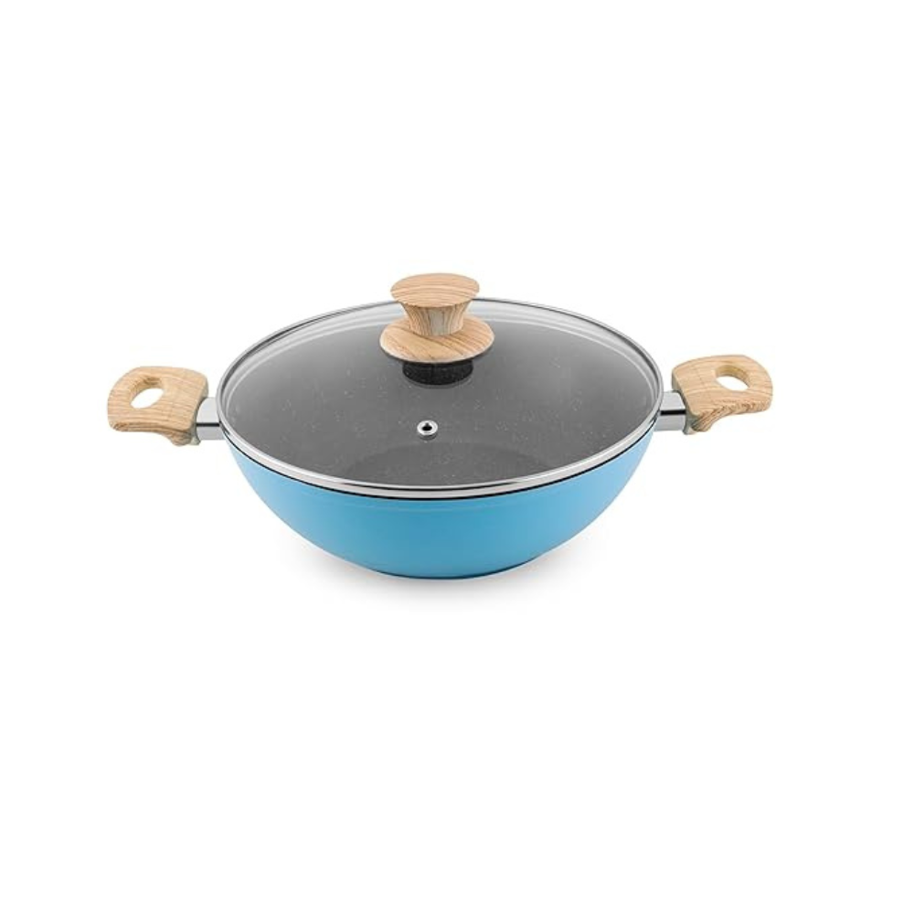 Salford by Ucook Forged Non-stick Kadhai + Glass Lid With Soft Touch Wooden Handle | Black Spatter Finish Dusty Blue- 240mm | 2.5 Litre