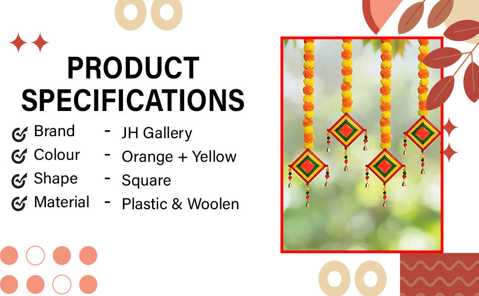 Handmade Artificial Marigold Fluffy Flowers Colorful Woolen Kite Bells Hangings 39 Inches Pack of 6