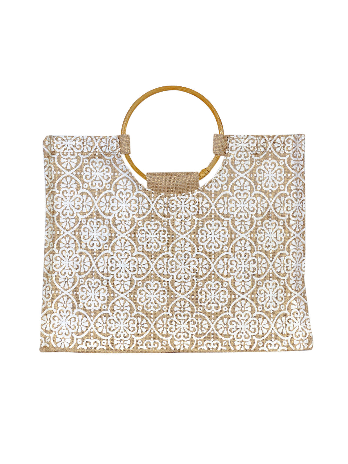 Jute Cottage Mughal Print Lunch Bag Cane Handle 100% Genuine Jute Bag