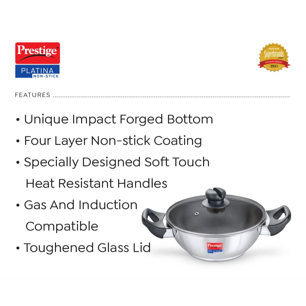 Prestige Platina Non-Stick SS Kadai with Lid 240mm