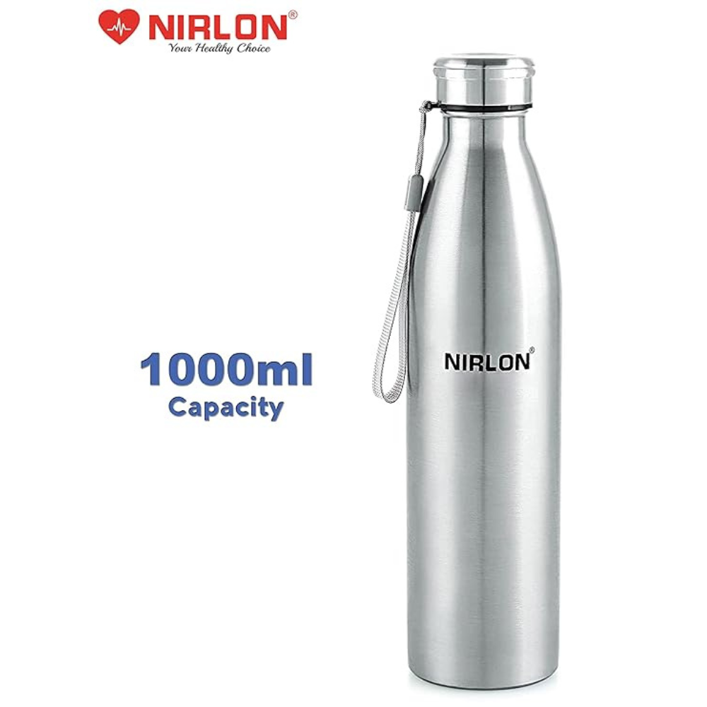 Nirlon Stainless Steel Single Wall Plain Water Bottle With String | Fridge Refrigerator Bottle - 1000 ml