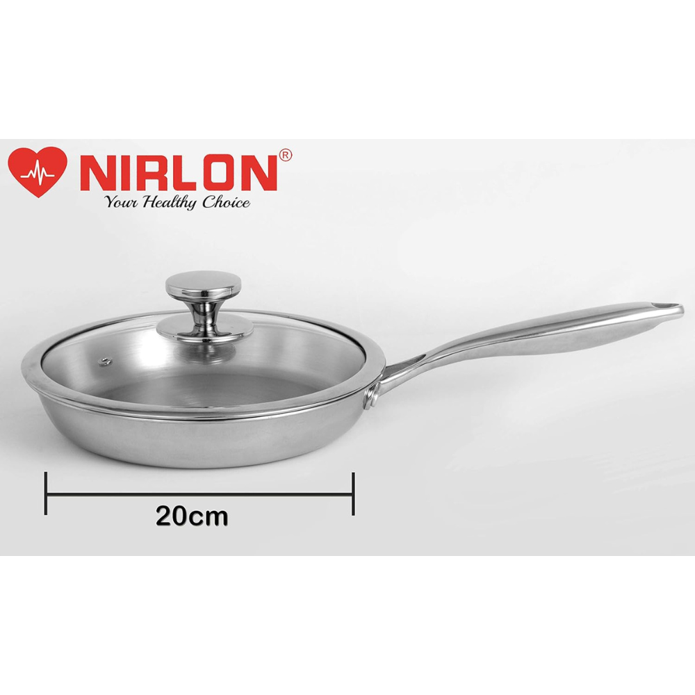 Nirlon Platinum Triply Stainless Steel Fry Pan With Glass Lid- 20 Cm