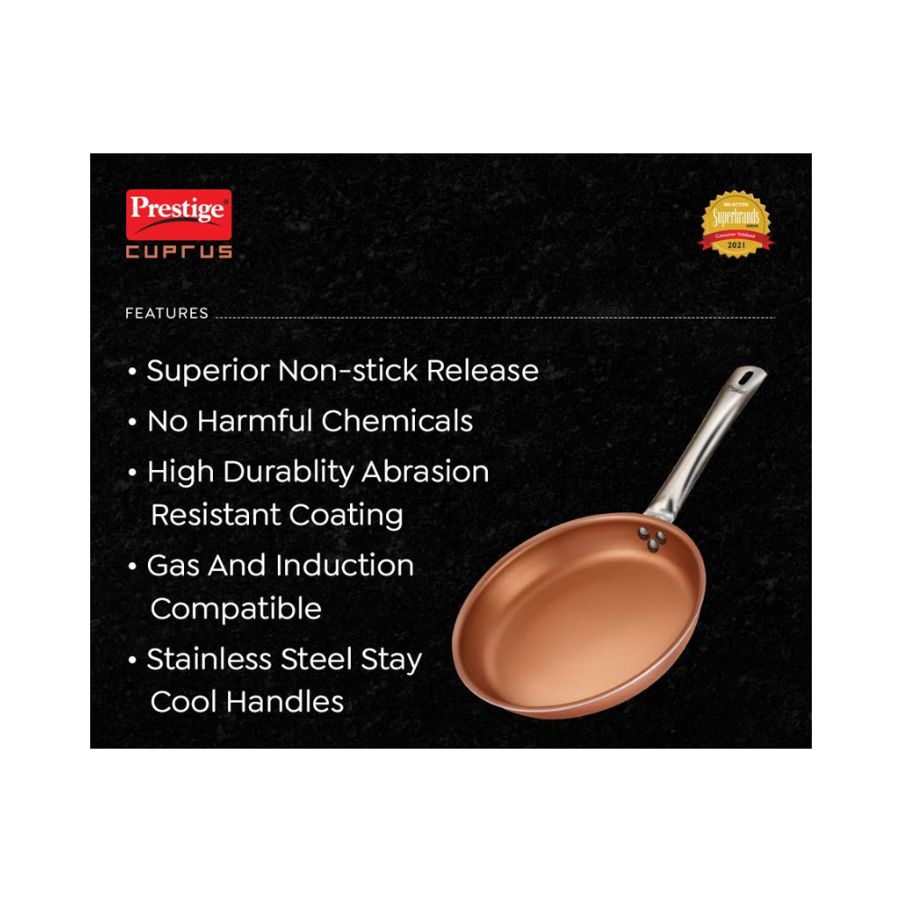 Prestige Cuprus Aluminium Gas and Induction Compatible Fry Pan, 20 cm, 1.2 L (Copper)