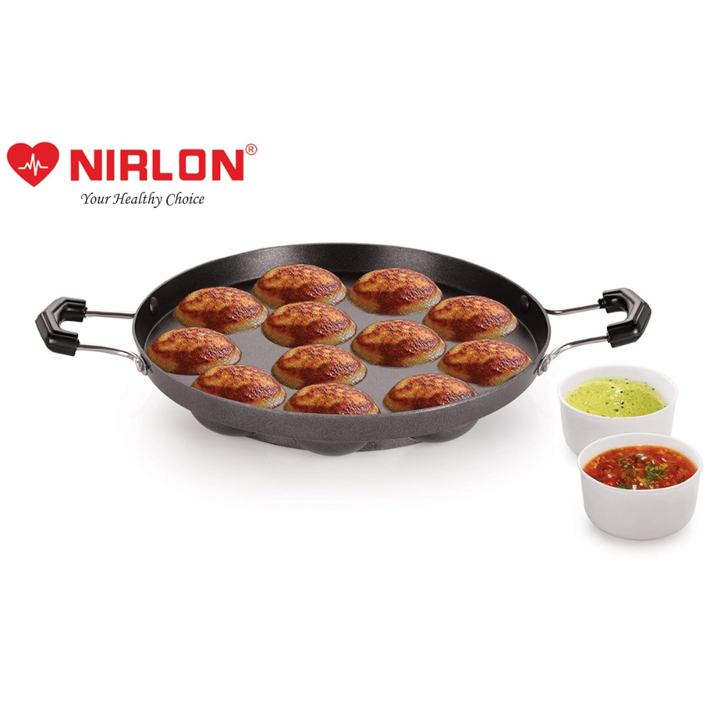 Nirlon Non-stick Aluminium 12 Cavity Appam Paniyarakkal | Ponganal Maker | Paddu Tawa With 2 Side Handle and Stainless Steel Lid