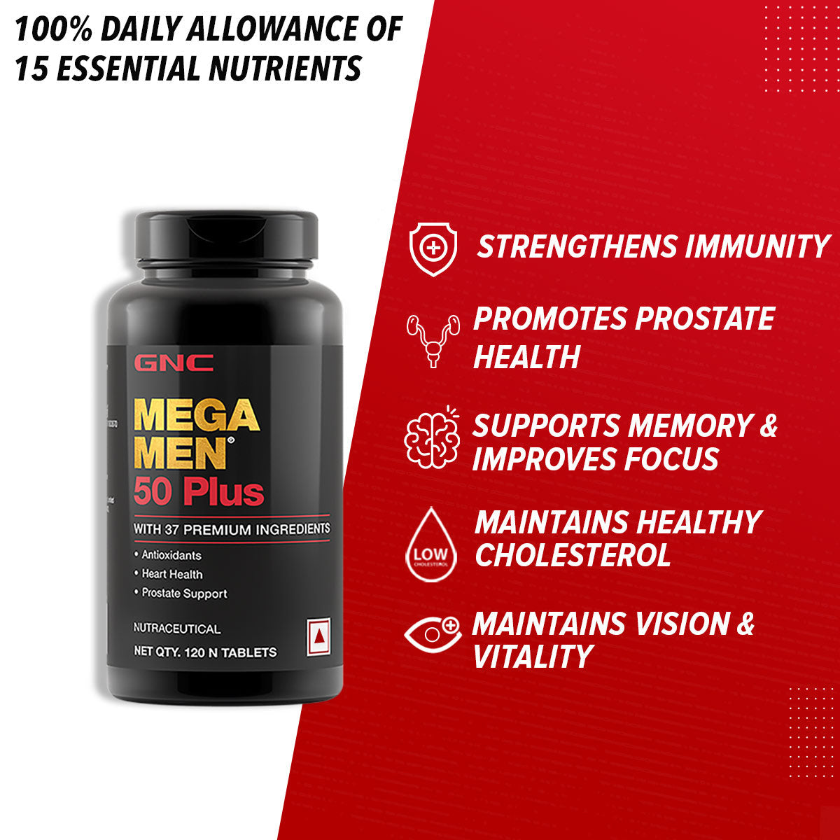 GNC Mega Men 50 Plus Multivitamin  For Healthy Heart Prostate Support & Well Being - 120 tabs