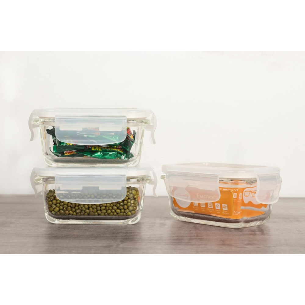 Femora Borosilicate Glass Containers for Kitchen | Storage Box for Kitchen With Air Vent Lid, Microwave Safe | Set of 3 | 140 Ml