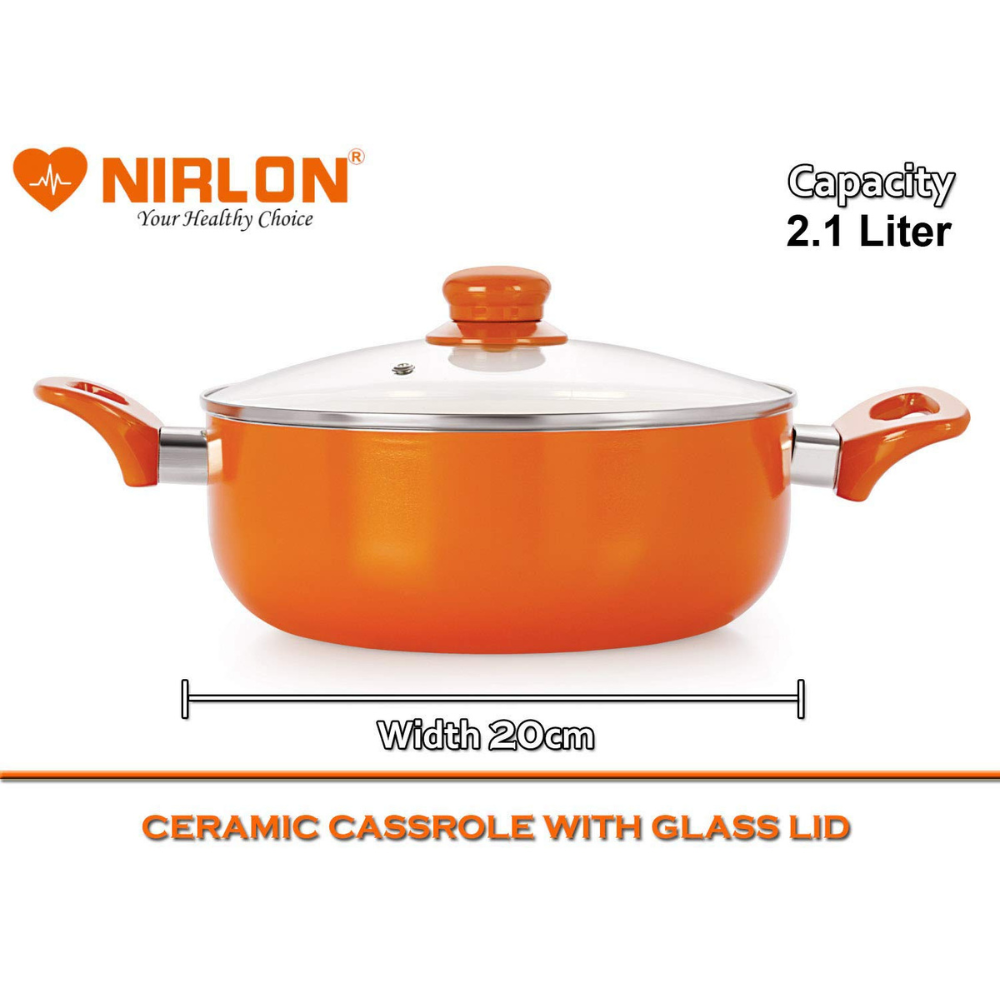 Nirlon Aluminium Non-stick Pfoa Free Casserole With Tempered Glass Lid | 2.1 Liter Orange