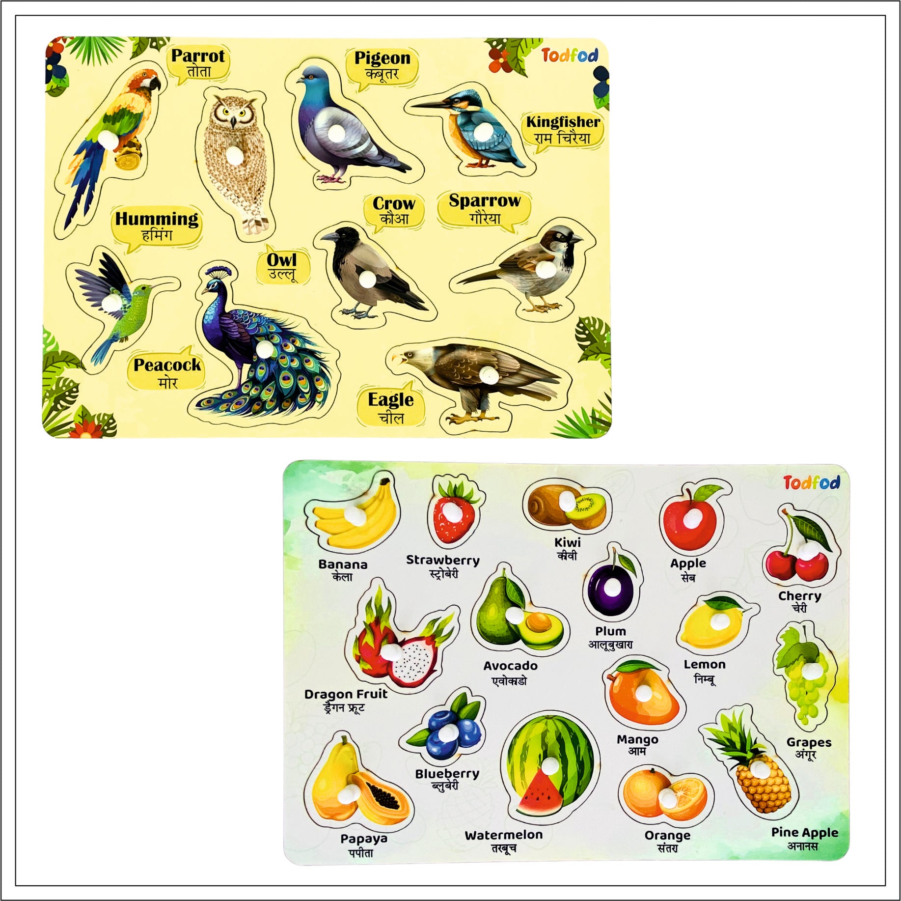 Birds & Fruit Characters Knob & Pegged Puzzle for Kids