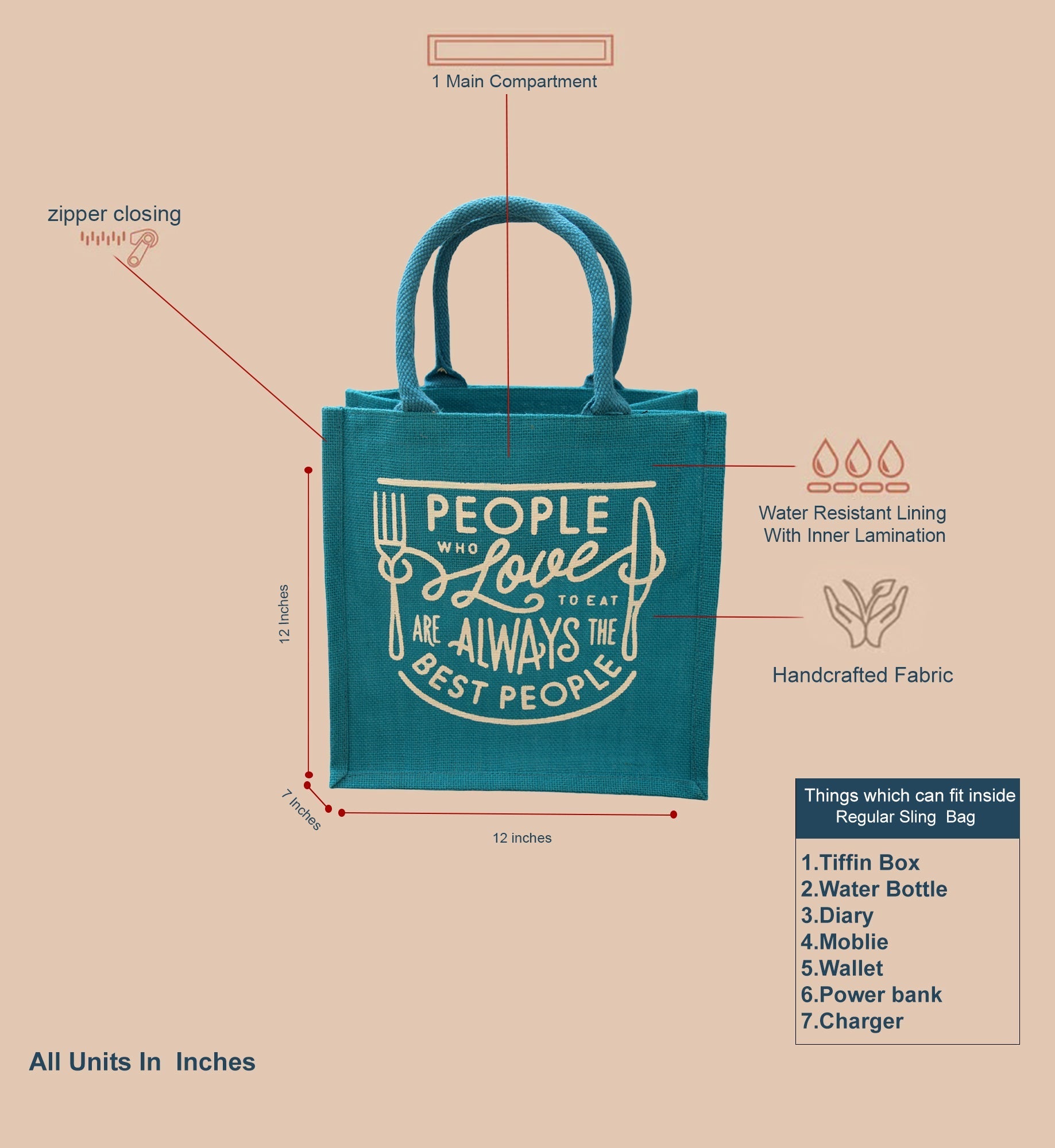 Jute Cottage Love To Eat Print Lunch Zipper 100% Genuine Jute