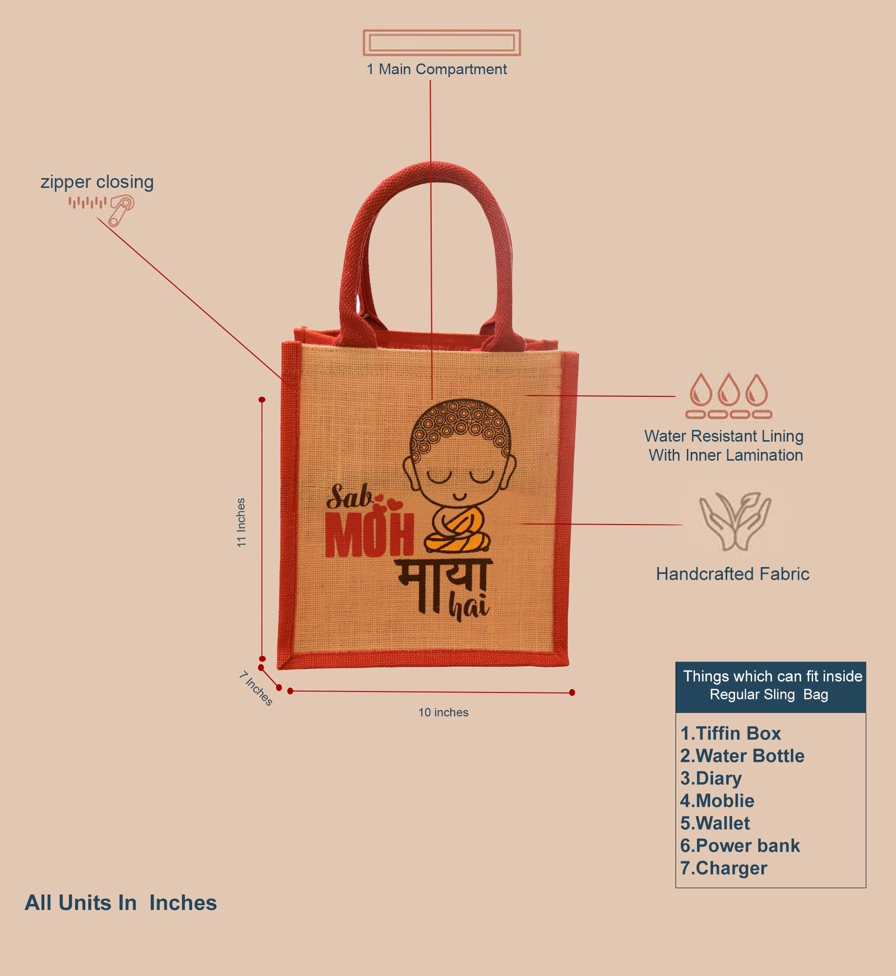 Jute Cottage Moh Maya Print Lunch Zipper 100% Genuine Jute