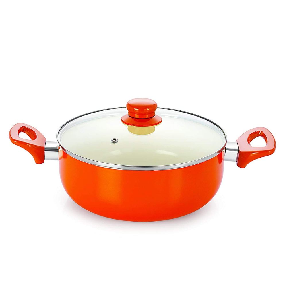 Nirlon Aluminium Non-stick Pfoa Free Casserole With Tempered Glass Lid | 2.1 Liter Orange