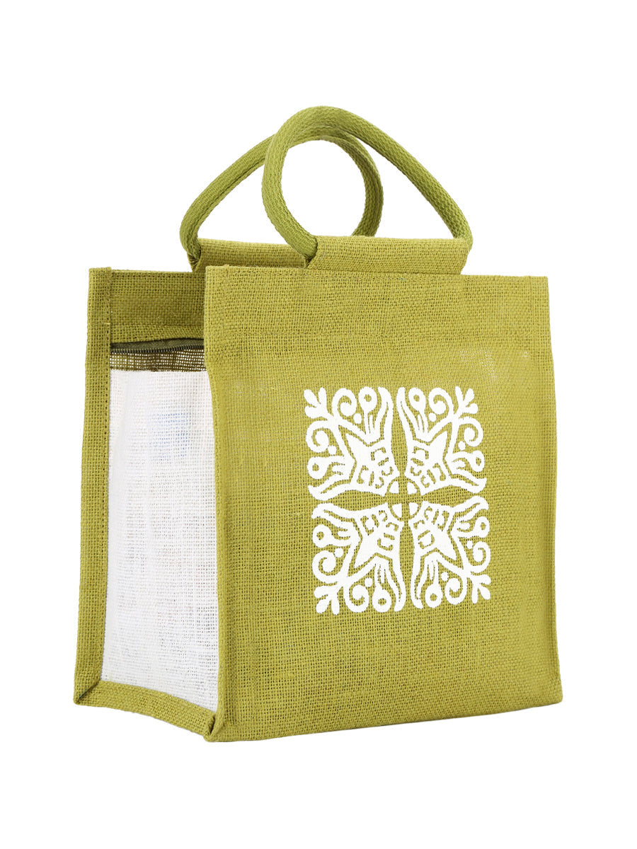 Jute Cottage Motif Zipper Lunch Bag 100% Genuine Jute