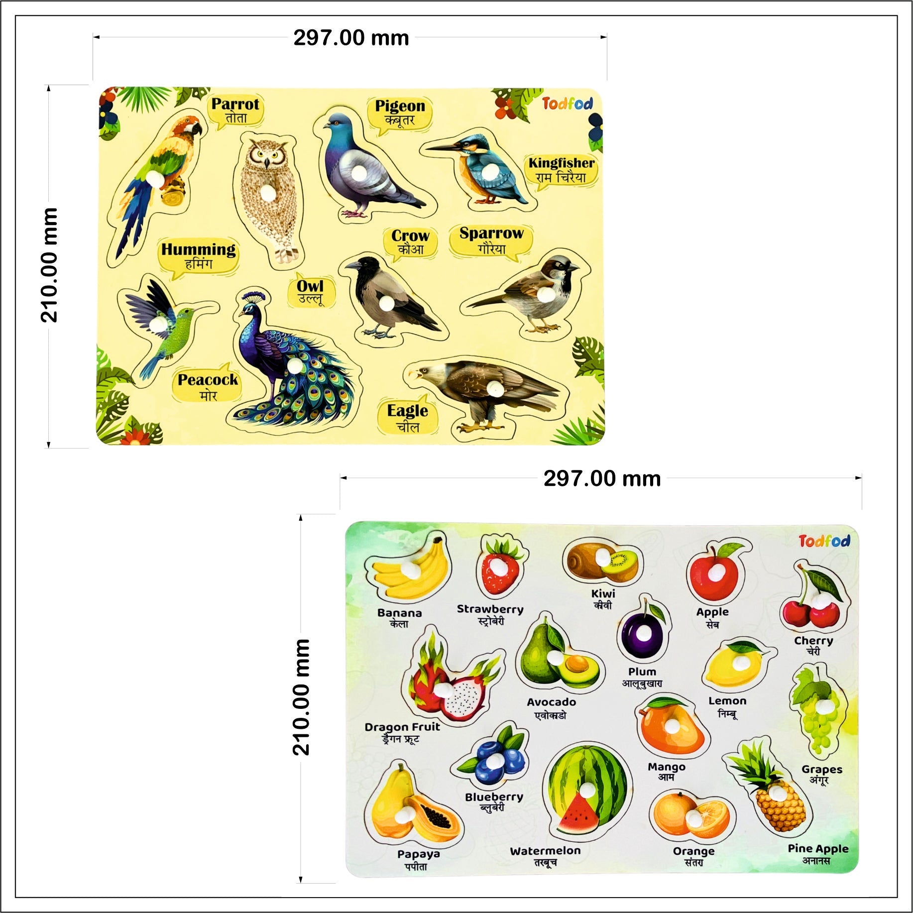 Wild Animals & Fruit Characters Knob & Pegged Puzzle for Kids