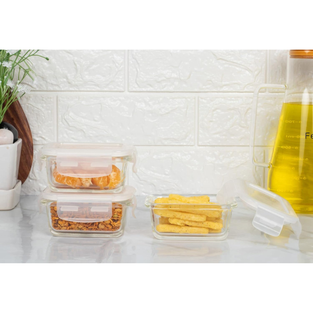 Femora Borosilicate Glass Containers for Kitchen | Storage Box for Kitchen With Air Vent Lid, Microwave Safe | Set of 3 | 140 Ml