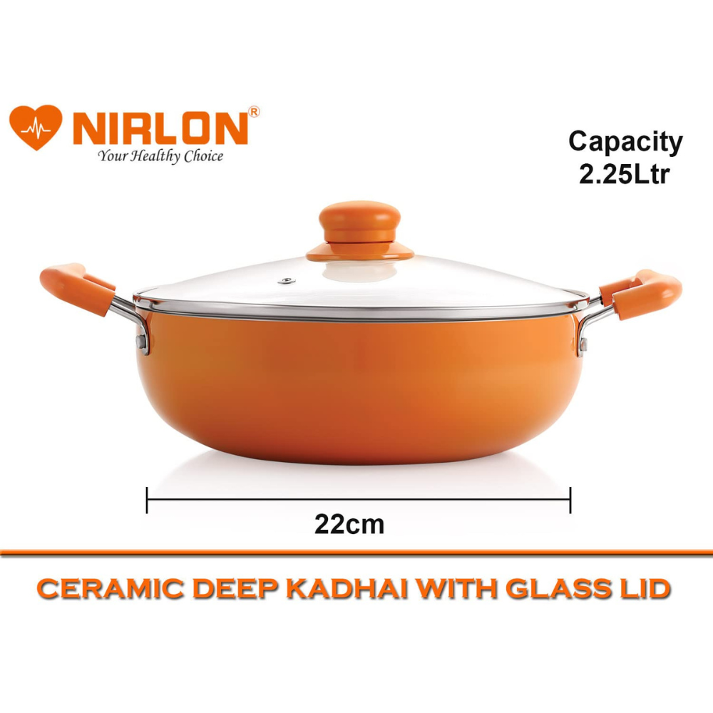 Nirlon Ceramic Non Stick Induction Aluminium Kadhai With Glass Lid | 2.25 Litres | Orange