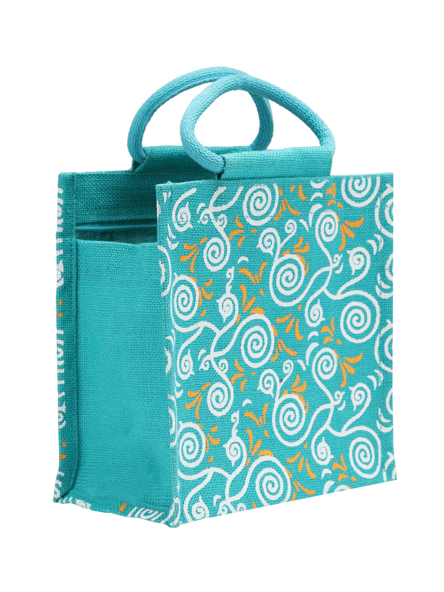 Jute Cottage All Over New Print 2 Colour Zipper Lunch Bag 100% Genuine Jute Bag