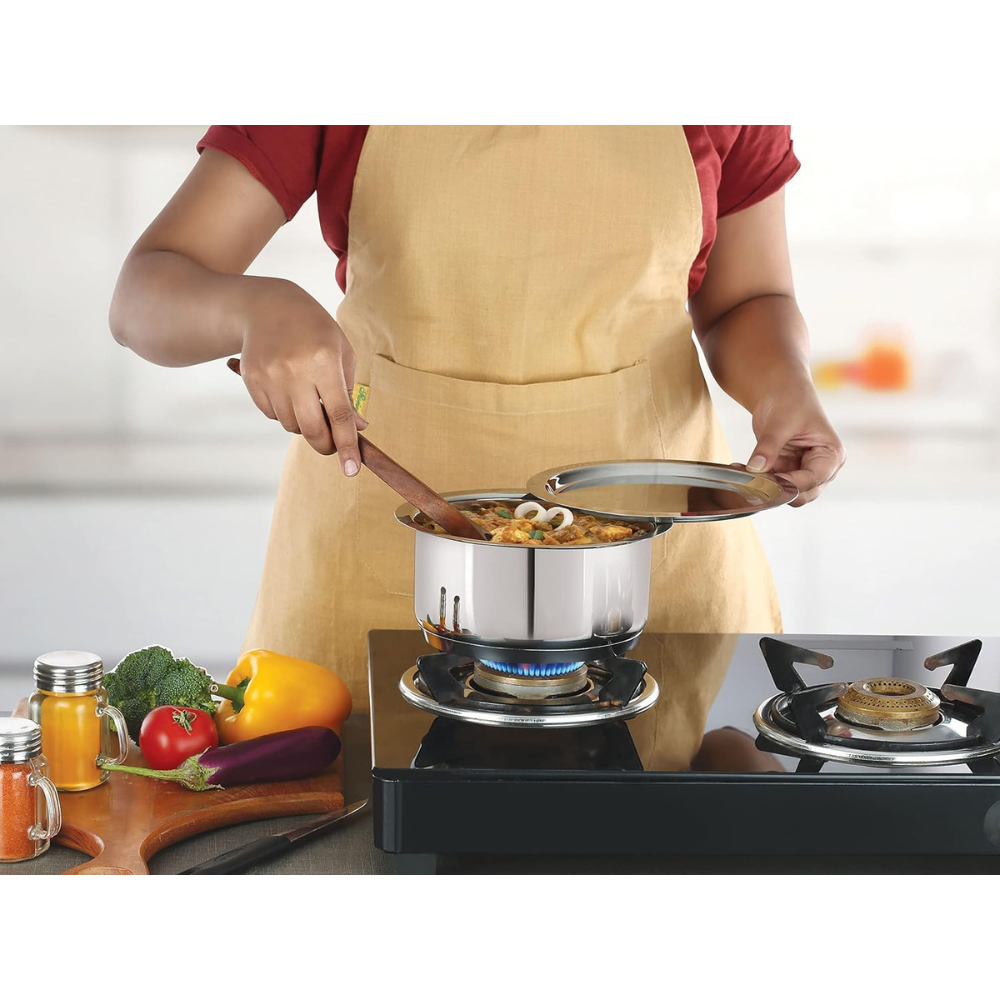 Nirlon Deluxe Stainless Steel Tope | Induction Friendly | Impact Bonded Tri-ply Bottom With Steel Lid 18cm