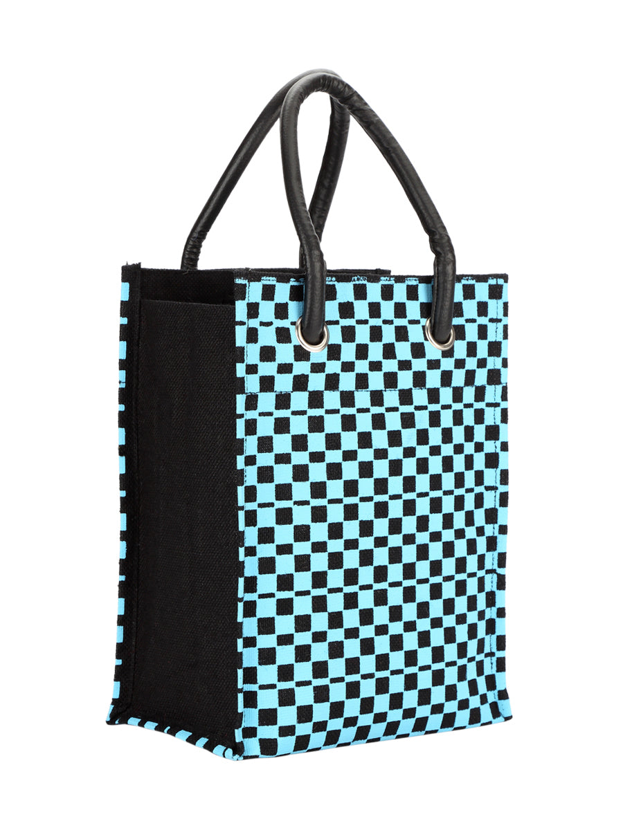 Jute Cottage Check Print Big Eyelet Lunch Bag With Bottom Board 100% Genuine Jute