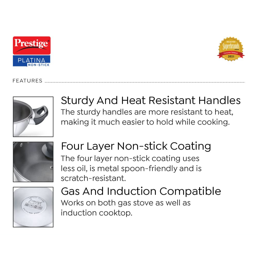 Prestige Platina Non-Stick SS Kadai with Lid 240mm