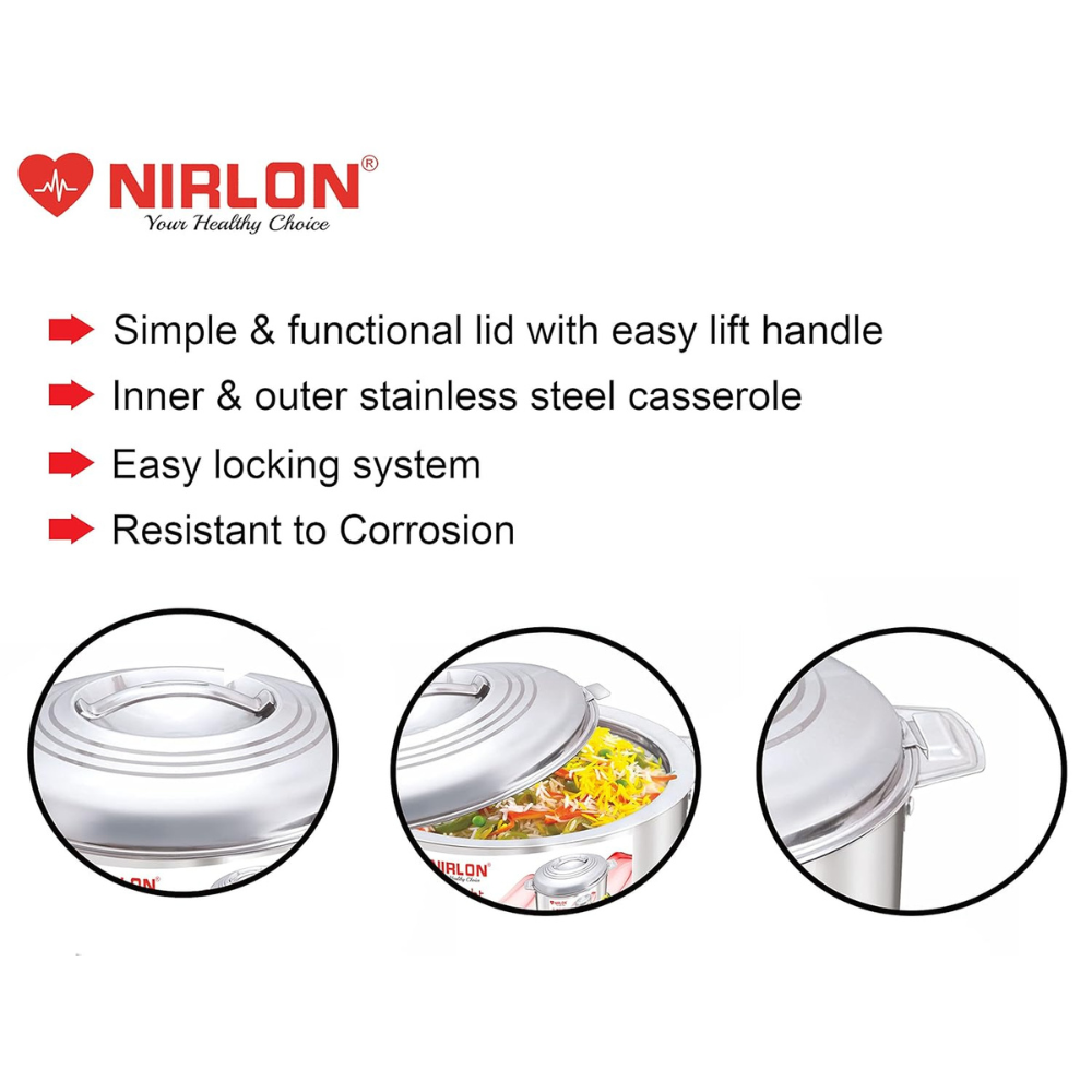 Nirlon Stainless Steel Double Wall Insulated Casserole With Steel Lid | 2 Liter