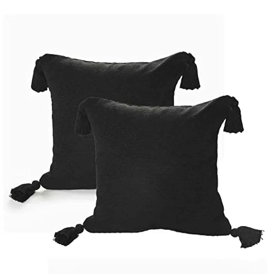 Sashaa World 100% Cotton Cushion Covers Colour Black With Tassels/decorative Throw Pillow( Set Of 2)