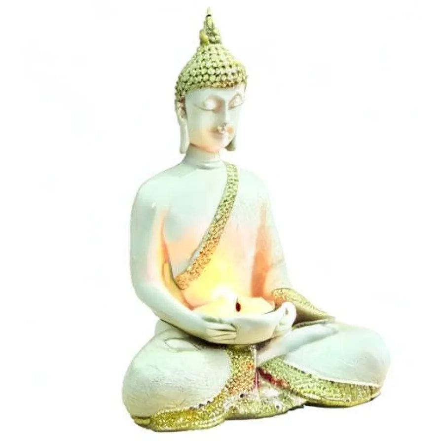 Jaipur Ace Buddha Sitting With Tea Light in Hand Polyresin Idol Buddha With Tea light
