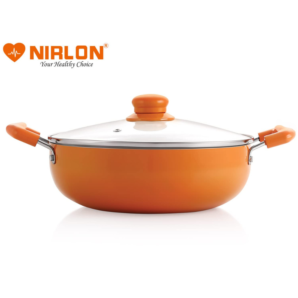 Nirlon Ceramic Non Stick Induction Aluminium Kadhai With Glass Lid | 2.25 Litres | Orange