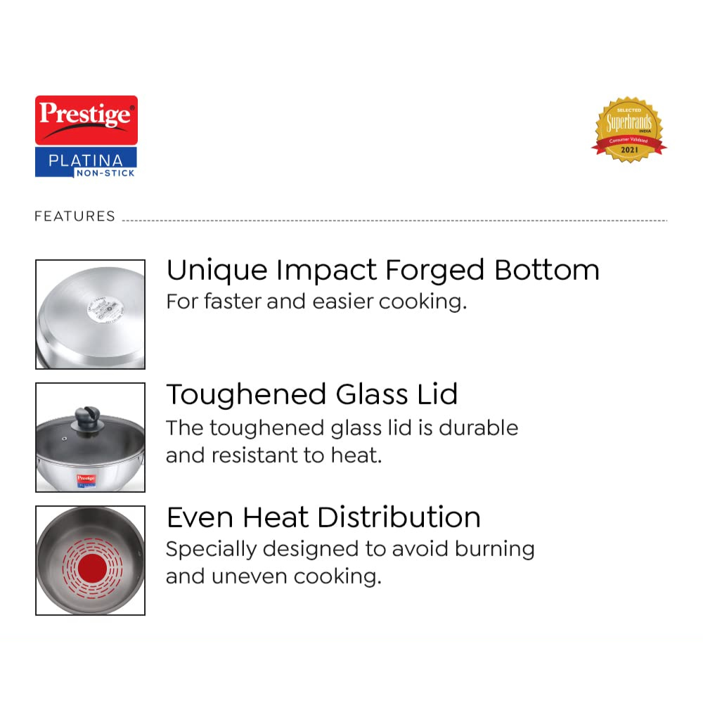 Prestige Platina Non-Stick SS Kadai with Lid 240mm