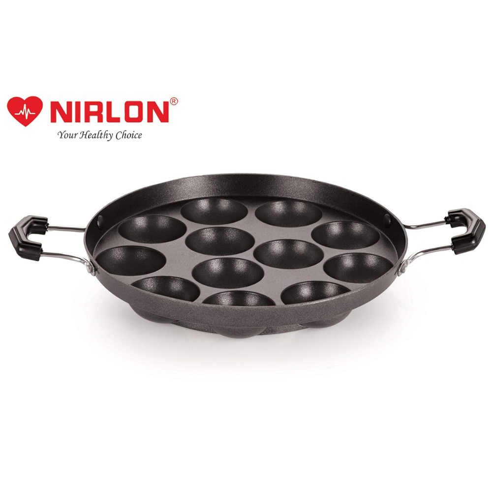 Nirlon Non-stick Aluminium 12 Cavity Appam Paniyarakkal | Ponganal Maker | Paddu Tawa With 2 Side Handle and Stainless Steel Lid