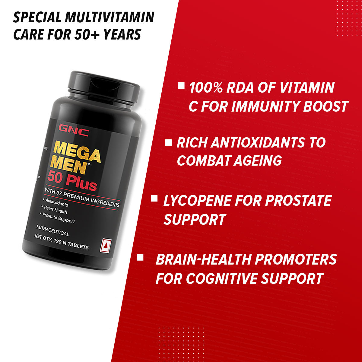 GNC Mega Men 50 Plus Multivitamin  For Healthy Heart Prostate Support & Well Being - 120 tabs