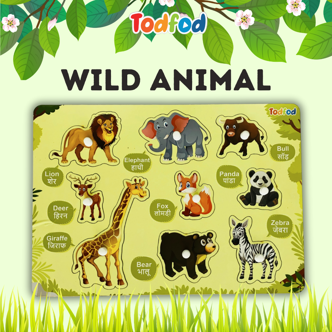 Wild Animals & Fruit Characters Knob & Pegged Puzzle for Kids