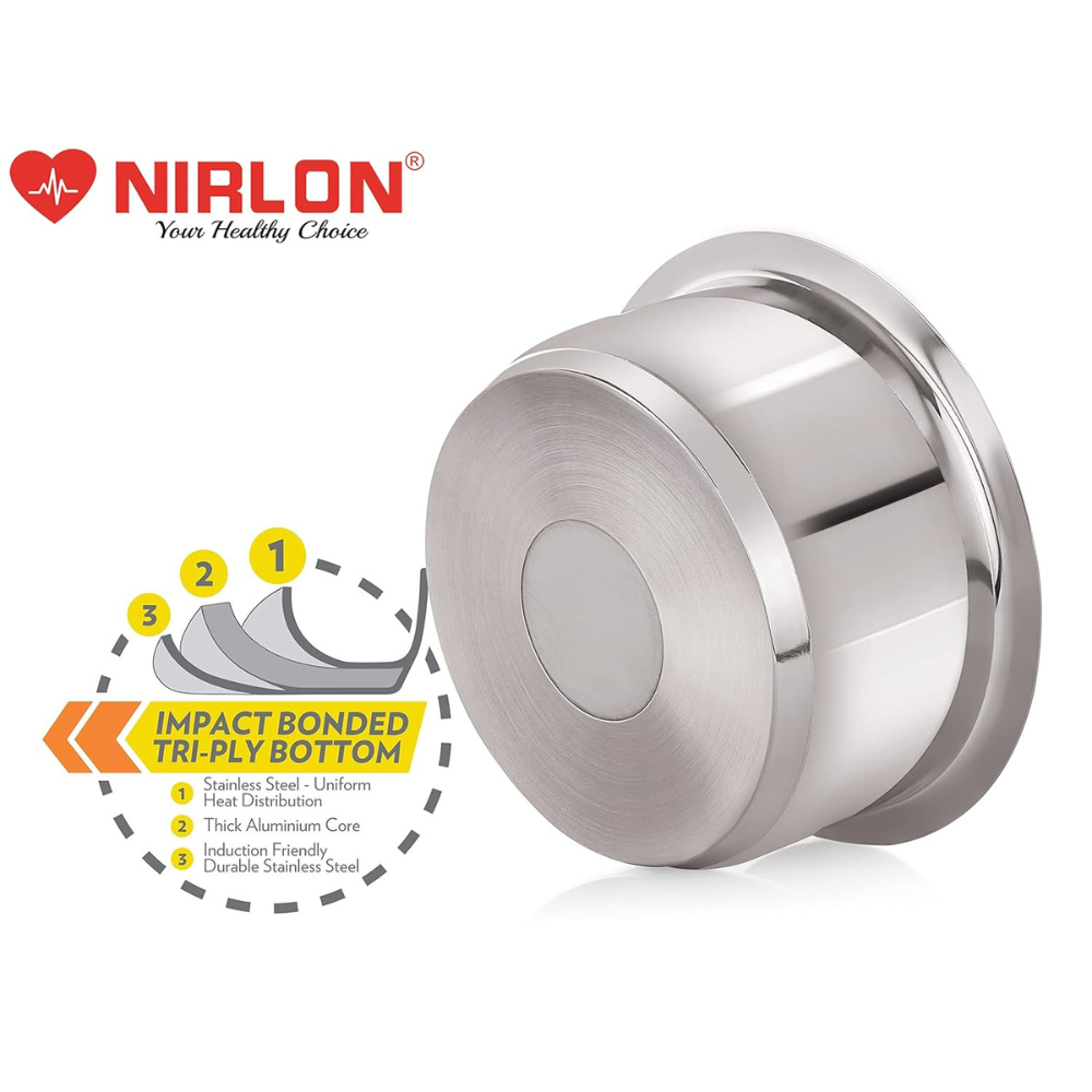 Nirlon Deluxe Stainless Steel Tope | Induction Friendly | Impact Bonded Tri-ply Bottom With Steel Lid 18cm