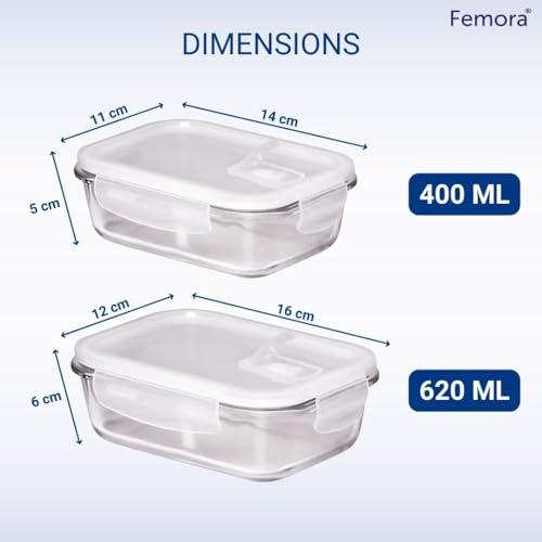 Femora Borosilicate Glass Containers for Kitchen | Storage Box for Kitchen With Air Vent Lid | Set of 2 400 Ml, 620 Ml