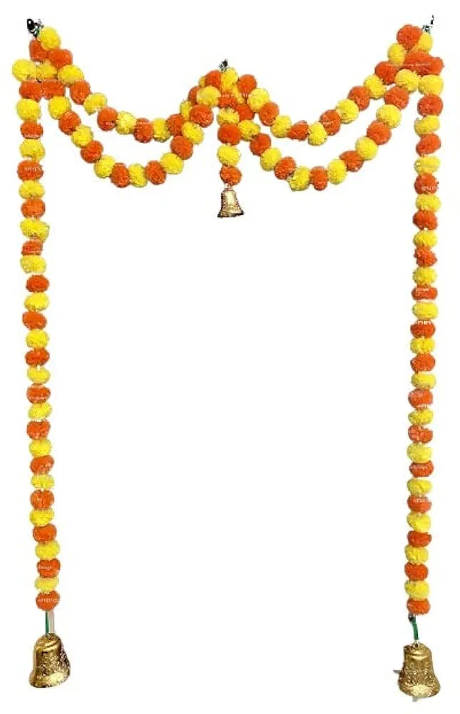 Artificial Marigold Fluffy Flowers Garlands Double line Door Toran Set Yellow & Dark Orange